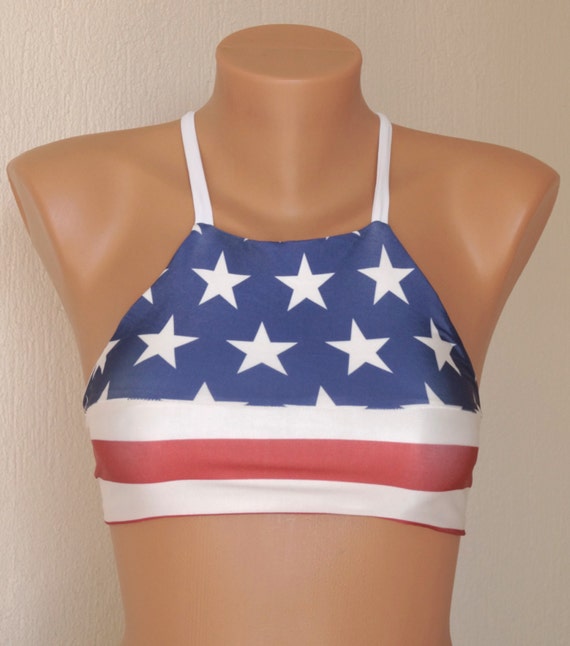 Items similar to BS1257 PADDED American flag high neck halter bikini ...