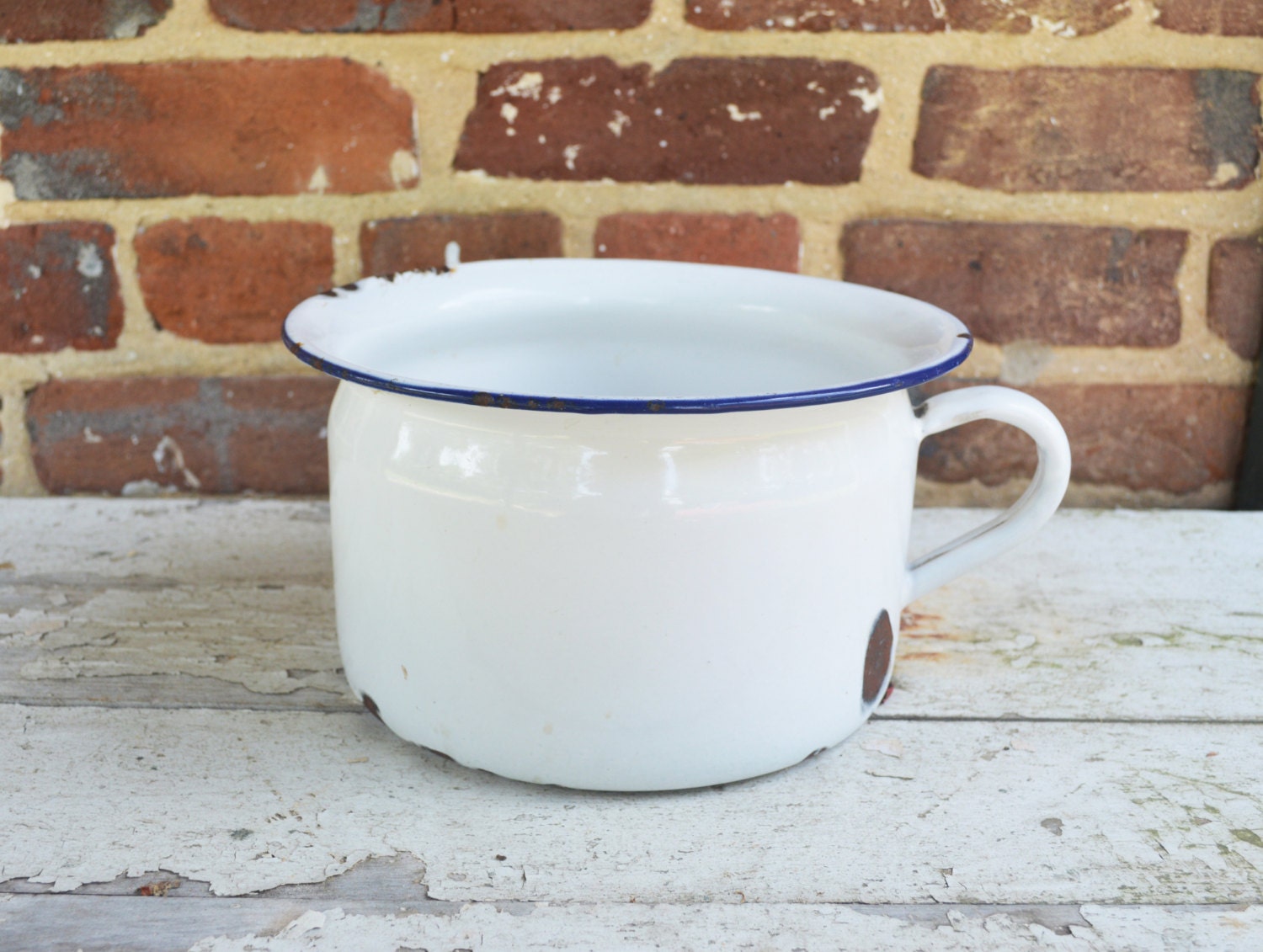 RESERVED White Blue Trim Enamel Chamber Pot