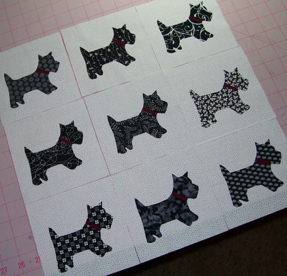 Download Set of 9 Black and White Scottie Dog Applique Quilt Blocks