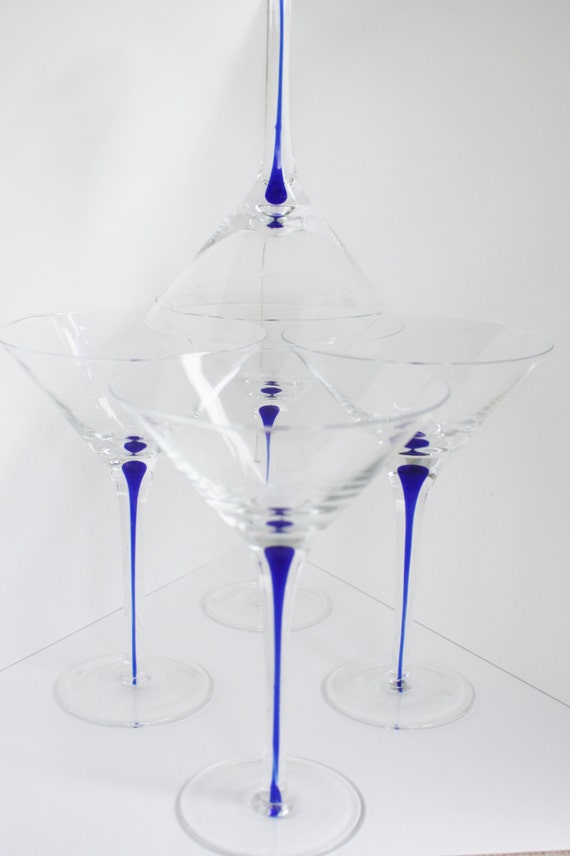 Lot of 3 Glasses Orrefors Intermezzo Blue Teardrop Martini
