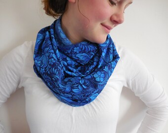 Blue Floral Infinity Scarf Lightweight circular Scarf Summer Fashion trends Feminine Gift Idea Blue Floral Polyester Scarf