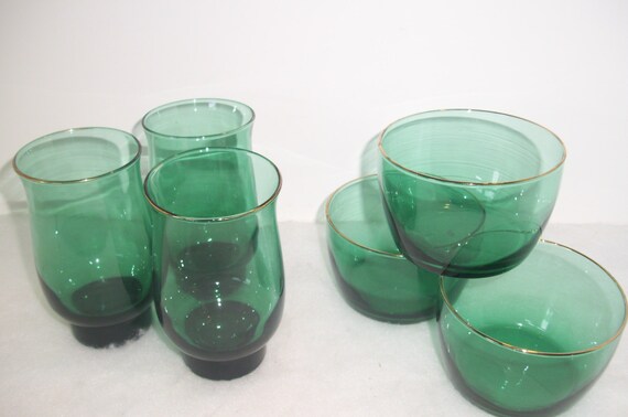 Vintage Dishes EMERALD GREEN with GOLD Trim Bowls and