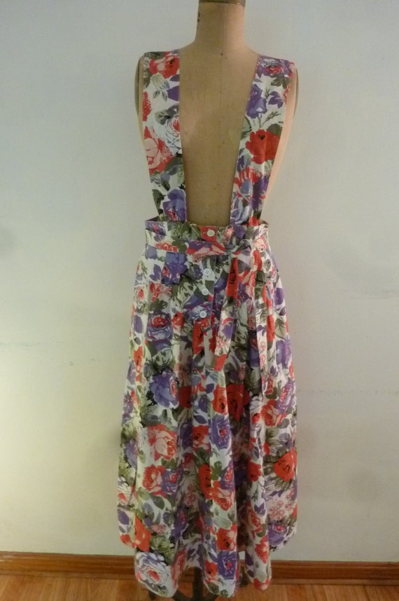 80's Sun Dress Boho Floral Pinafore Mid Calf Jumper by ZoomVintage