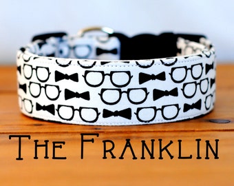 Dapper Black & White Bowtie and Glasses Dog Collar "The Franklin"