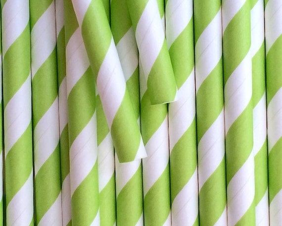 25 Lime Green and White Diagonal Stripe Paper Straws - Party Decor Supplies Tableware Il_570xn