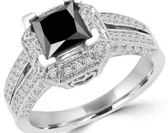 ... Vintage Princess Cut Black Diamond Halo Engagement Ring in 14K White
