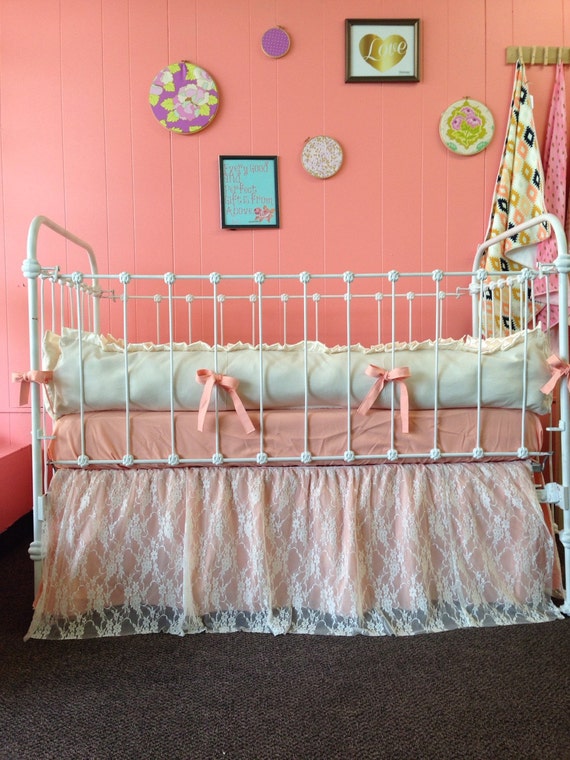 Peaches and Cream Lace Baby Crib Bedding Ruffled Lace Crib