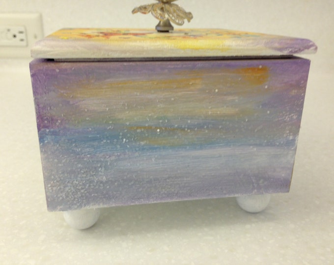 Butterflies a Flutter on Top of this Wood Box, painted in acrylics, with a silver flowered handle