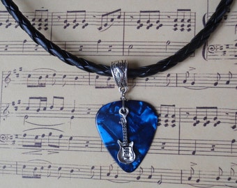 Guitar Pick Necklace, Choice 12 Colors, Tibetan Silver Braid Bail, Custom Size, Musical Instrument, Guitar Charm, Braided PU Leather Cord