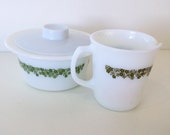 Vintage corning ware corelle milk class pyrex style green floral creamer cup and sugar bowl with lid