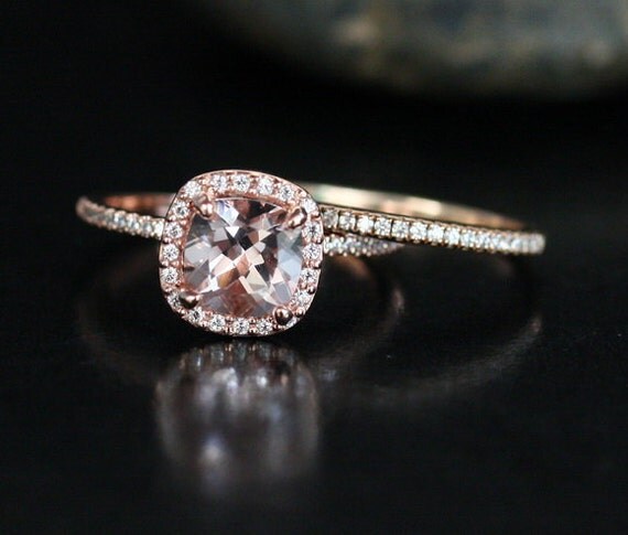 Rose Gold Morganite Engagement Ring and Wedding Band Set in