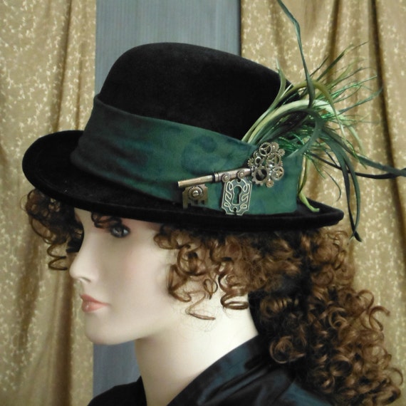 Black Steampunk Bowler Hat Wide Dark Green with Black Brocade