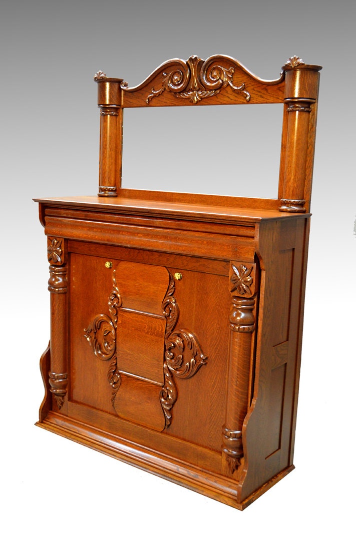 16752 Antique Victorian Carved Oak Murphy Bed with Beveled Mirror ...