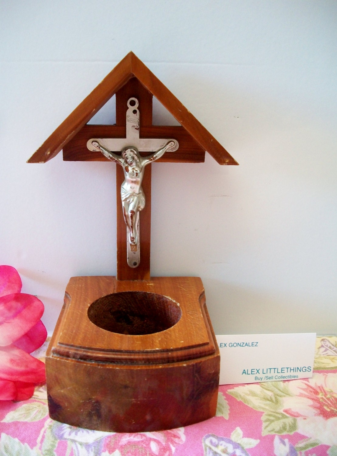 Vintage Wooden Chapel Crucifix Cross Candle Holder Religious