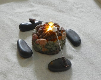 Fairy Garden Fire Pit accessories firepit with tea light flickering 'flame' - accessory for camp fire 2 marshmallow sticks 4 stone benches