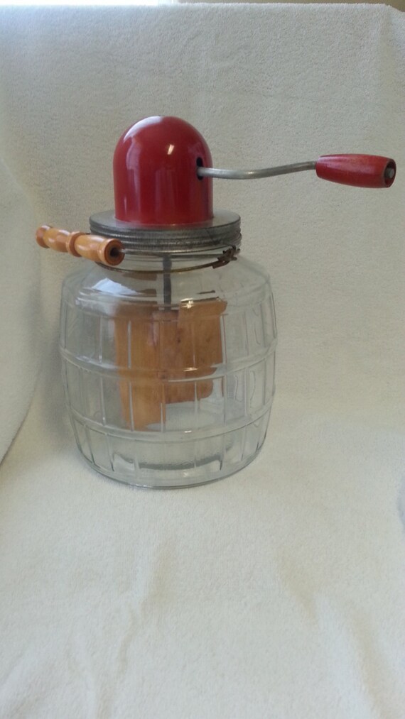 Butter churn large glass barel shaped butter churn with red