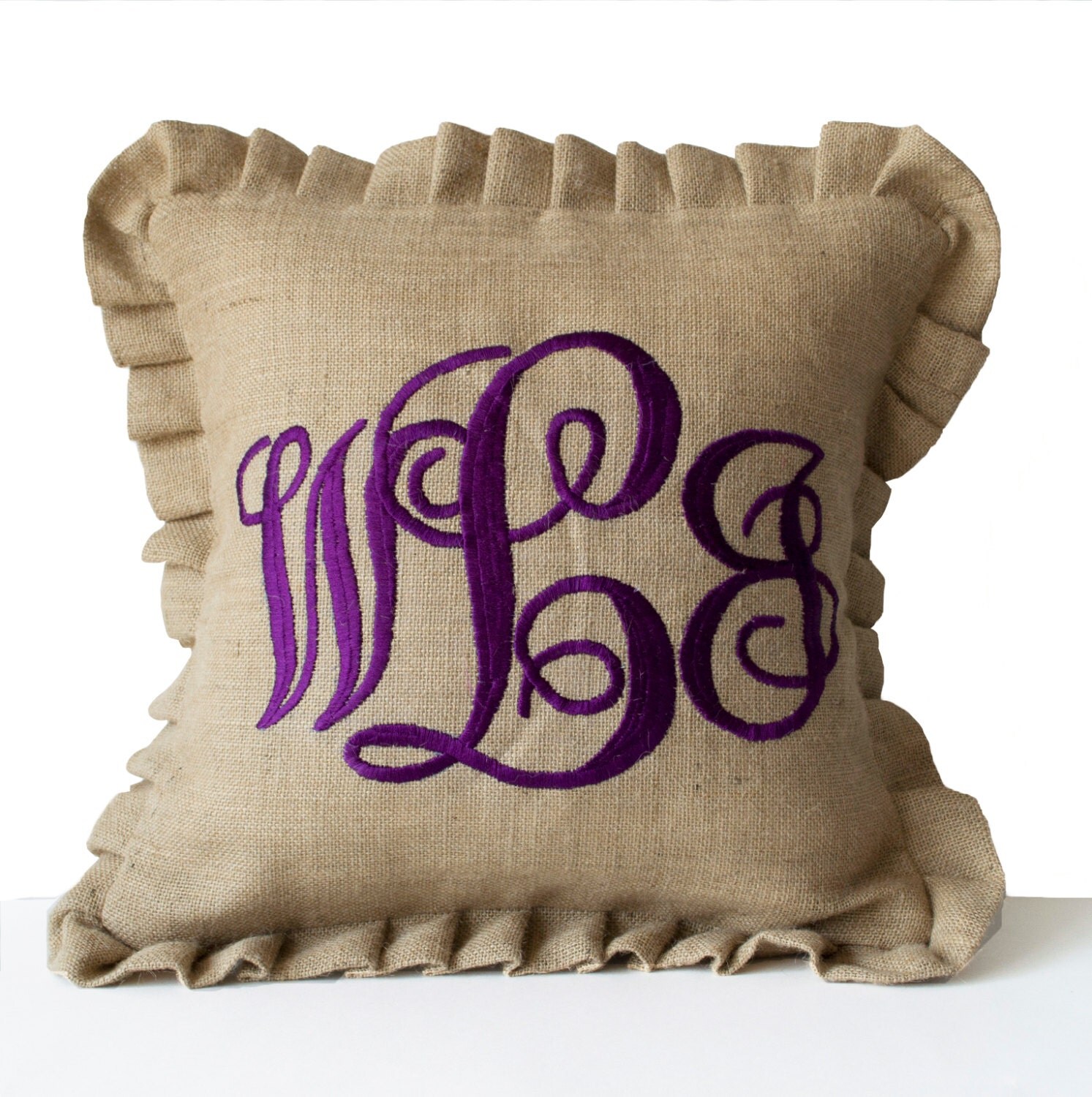 Burlap Monogram Pillows Custom Ruffle Pillow Cursive Font