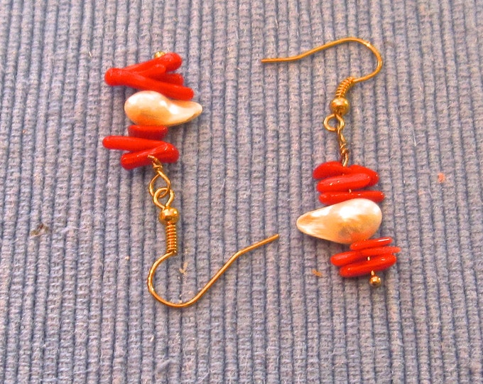 Pearl and Coral Earrings, Natural, 1.5 Inches Long, Gold Plate French Hooks E113