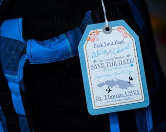 Custom Luggage Tag Save The Date Cards for a destination wedding | Handmade in Canada by ---- www.empireinvites.ca ---
