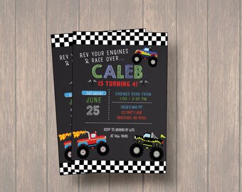 Monster Truck Birthday Invitation, Chalkboard Monster Truck Invitation, Digital File BoY Birthday Invitation