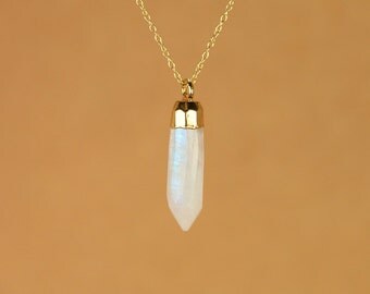 Moonstone necklace - rainbow moonstone - gold moonstone - blue flash - a gold dipped moonstone spike on a 14k gold vermeil chain