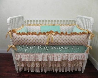 Custom Baby Bedding Set Ilana - Girl Baby Bedding, Gold Baby Bedding, Pink and Gold Crib Bedding, Ruffle Skirt