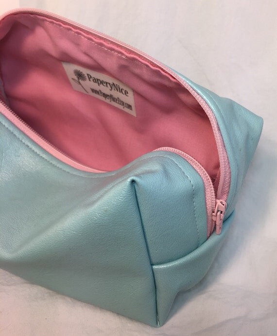 Baby blue vinyl cosmetic bag makeup bag pencil case by PaperyNice