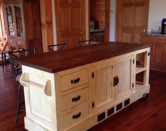 Custom Handmade Industrial Style Distressed Kitchen Island with Eating Bar.