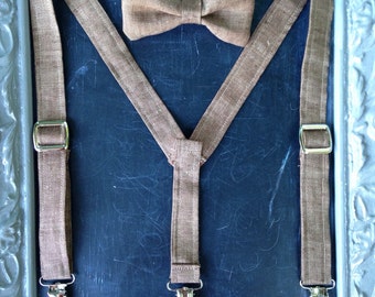 Boys Suspenders Bow Tie set Brown Linen