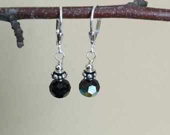 Sterling Silver Black Swarovski Crystal Leverback Earrings