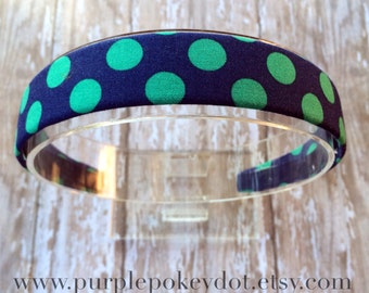 Navy Blue and Green Polka Dot Fabric Covered Headband