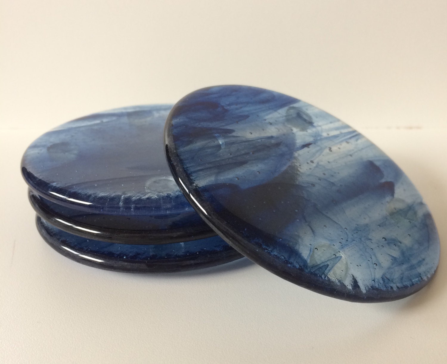 Round fused glass coasters blue by GlassbyKeri on Etsy