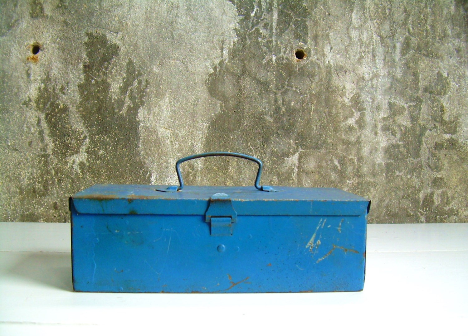 Vintage Metal Utility Box Industrial Storage Blue Toolbox Haute Juice