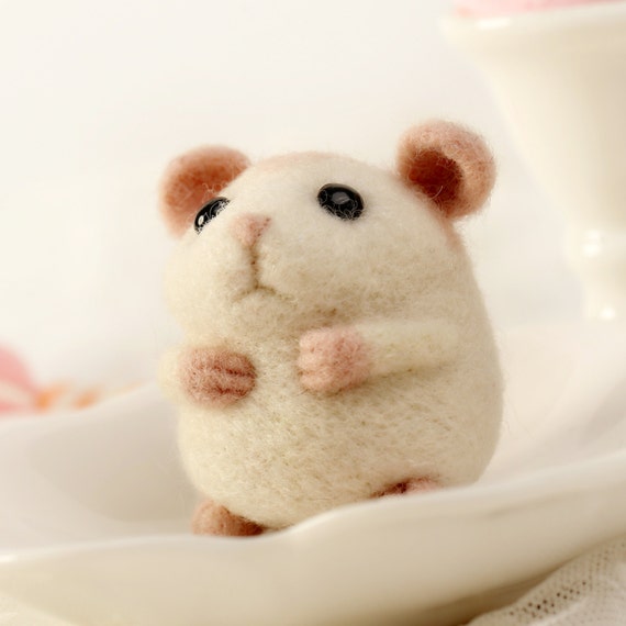 White Fat Hamster Felt Wool Animal Felting Kit Material DIY