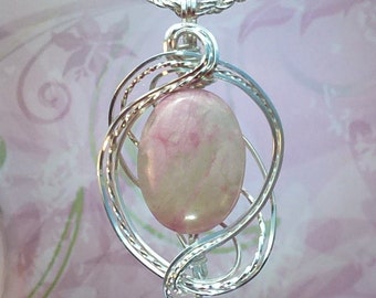 Pink Agate Necklace Pendant Wire Wrapped Jewelry Handmade in Silver With Free Shipping