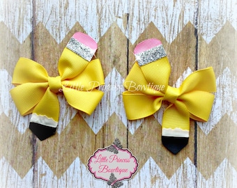 Back to School Hair Bows, Back to School Bows, Pencil Bow, Pencil Hair Bow, Pinwheel Hair Bow