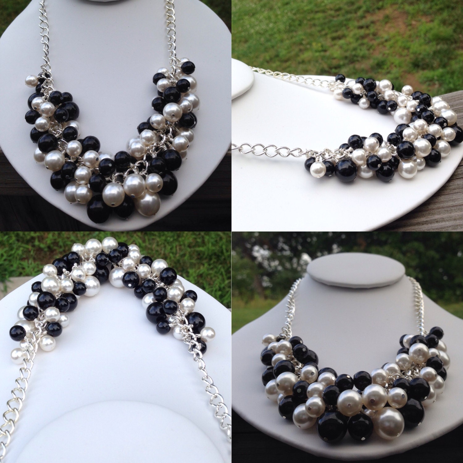 Anne Black White Pearl Necklace Pearl Cluster Necklace Chunky