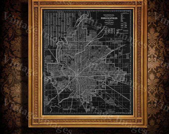 Old Indianapolis Map 1921 Antique Restoration Hardware Style Black Indianapolis Street Map Fine Art Print Indy Wall Decor Indiana wall art