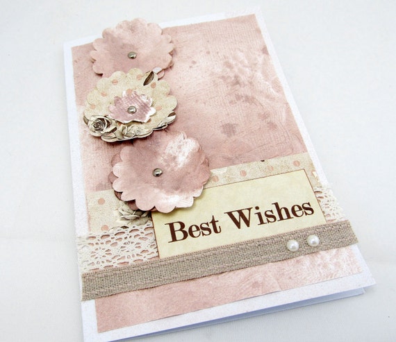 Dusty Rose Best Wishes Card - Wedding Card - Paper Flowers - Dusty Rose and Pale Yellow - Shabby Chic - Blank Card - Engagement