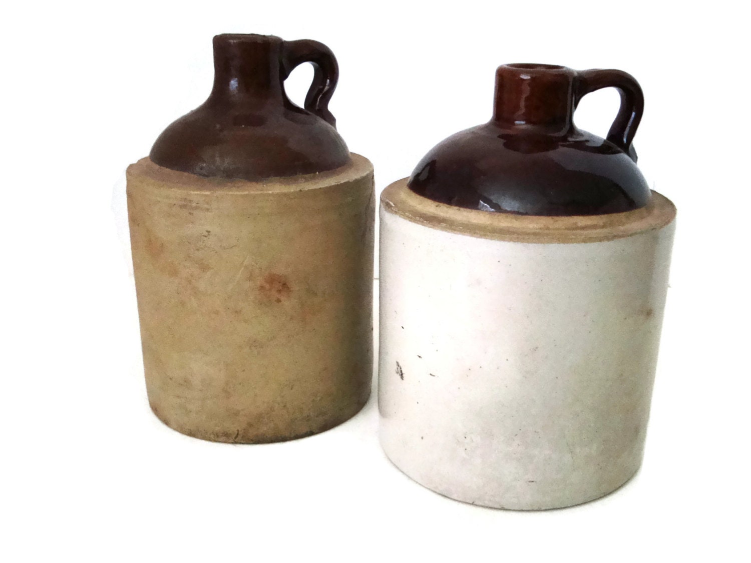 Vintage stoneware whiskey jugs qty 2 glazed top half gallon