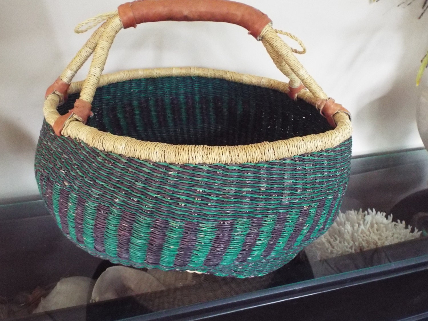 large multi color handmade African market basket with handles