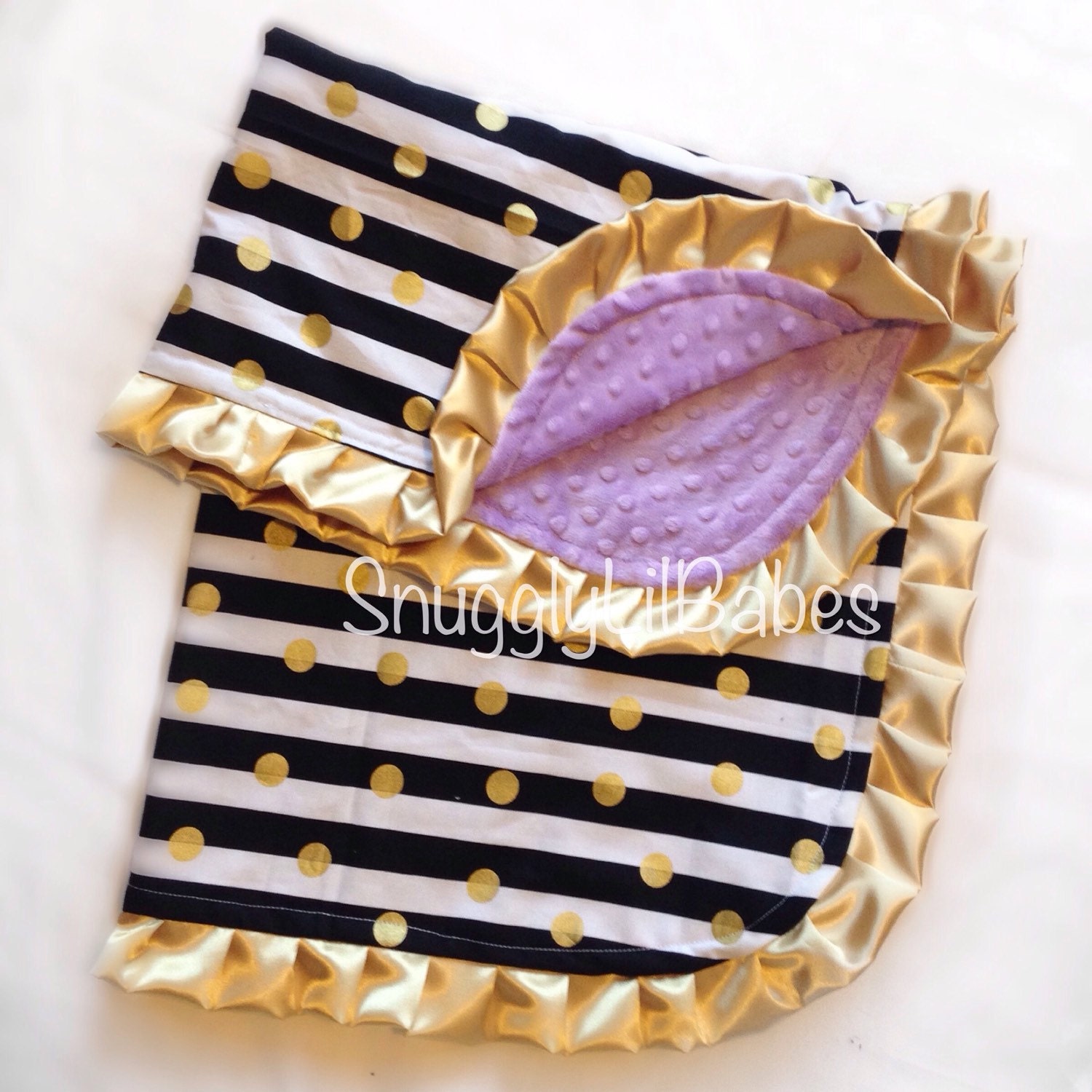 Black stripe gold blanket lavender minky dot and gold satin