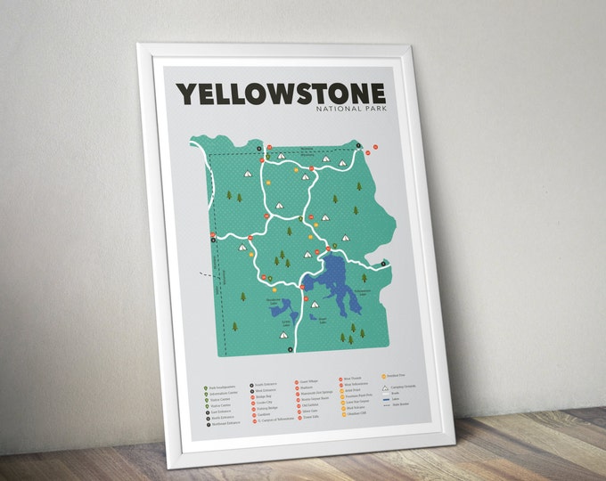 Yellowstone National Park Map, Yellowstone, Outdoors print, Explorer Wall Print