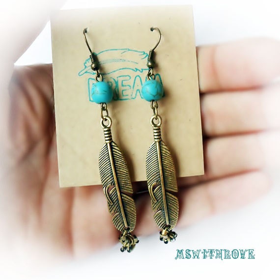 Bronze feather earrings turquoise bohemian earrings by MSwithlove