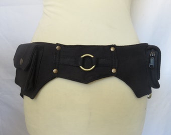 Steampunk Utility belt in black cotton canvas - Ring Model (5 zip pockets)