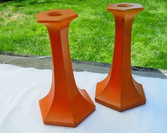 Vintage Orange Painted Glass Candlestick Holders