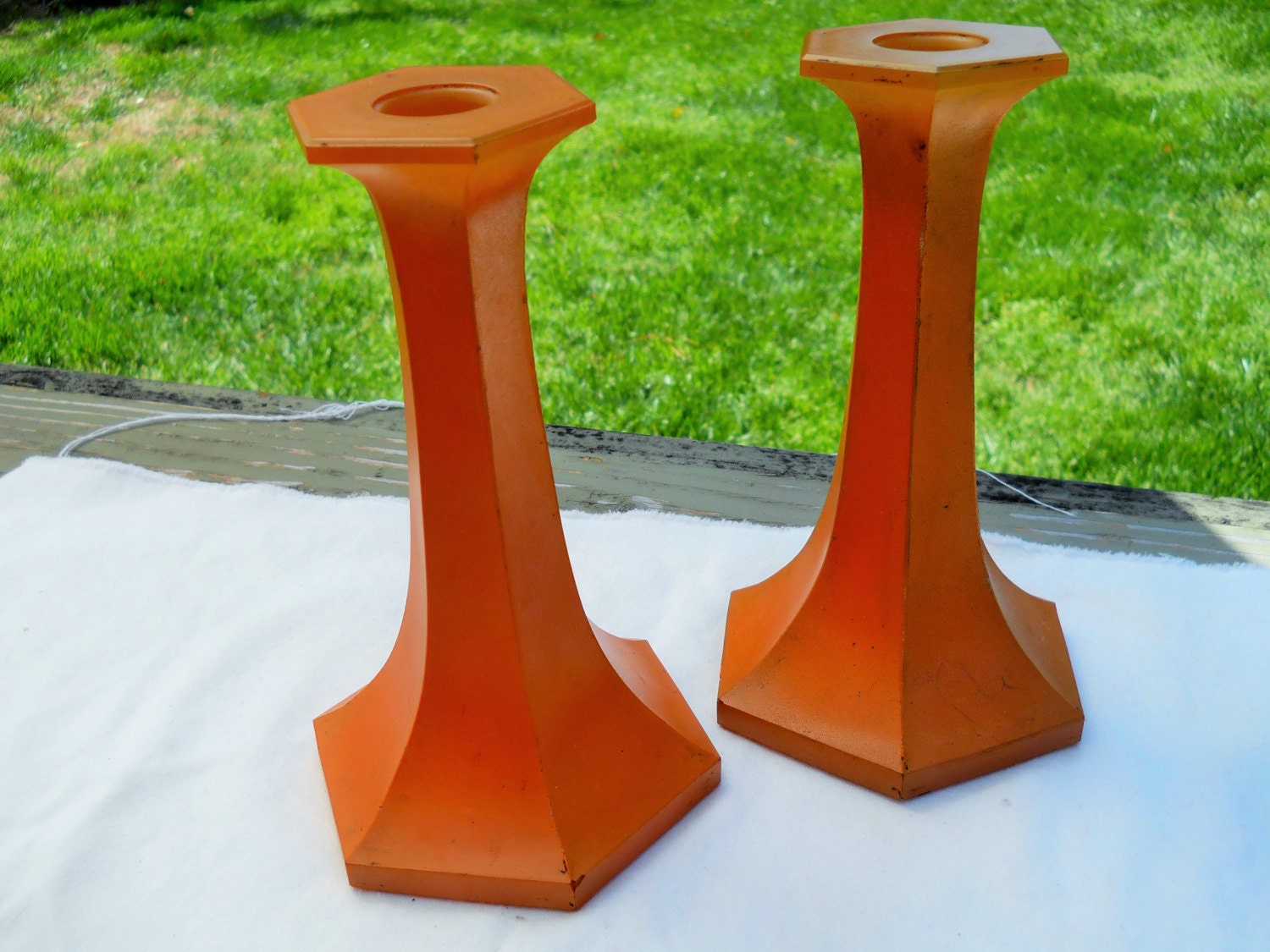 Vintage Orange Painted Glass Candlestick Holders