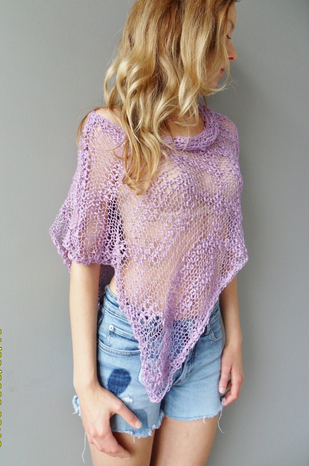 Summer cotton poncho. Knit women top. Loose knit poncho.