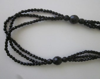 Long Flapper-Style Necklace, Jet Black Faceted Glass Beads.