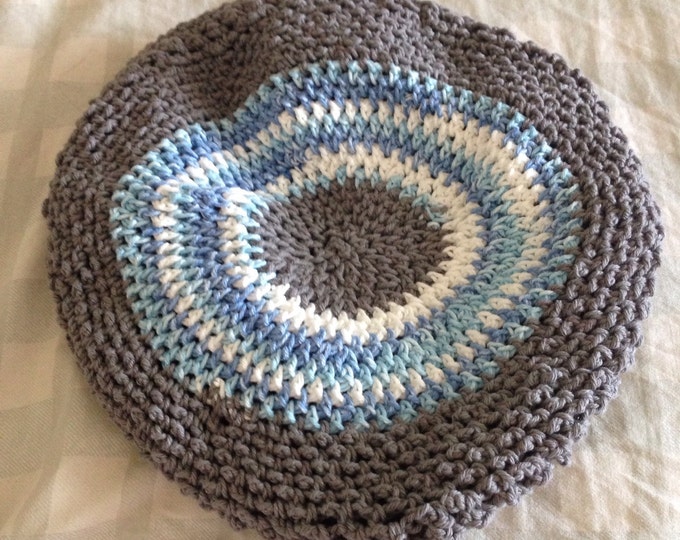 grey, blue & white cotton crochet tote bag